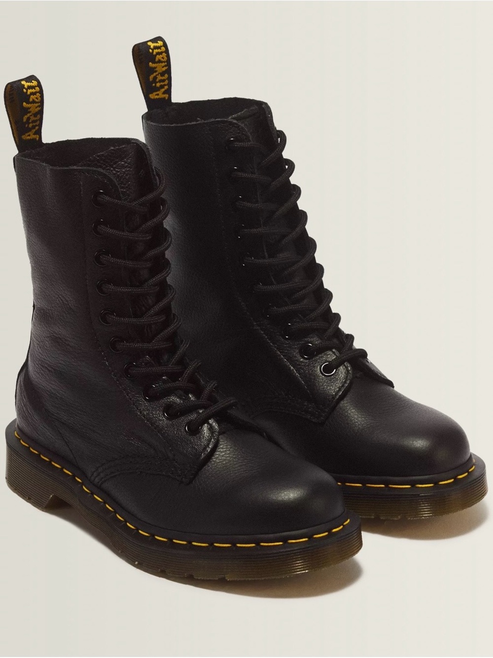 Dr. Martens 1490 Black Leather 10-Eye Lace Combat Boots with Yellow Stitching